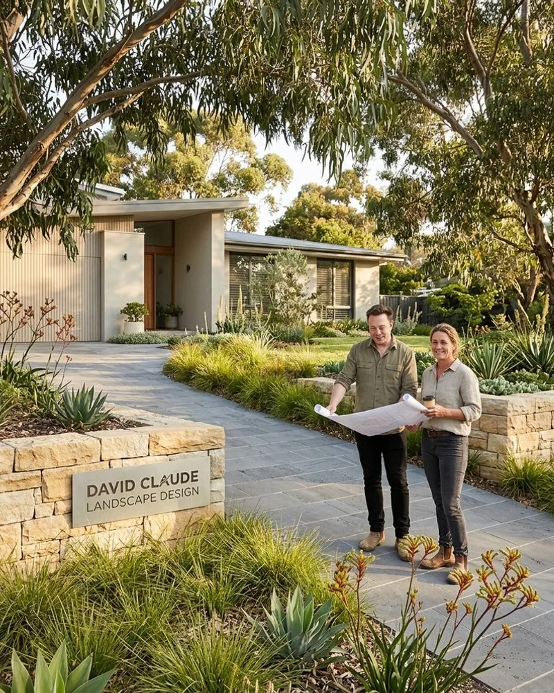 Bluestone driveway with native grass border and mature eucalyptus in Diamond Creek