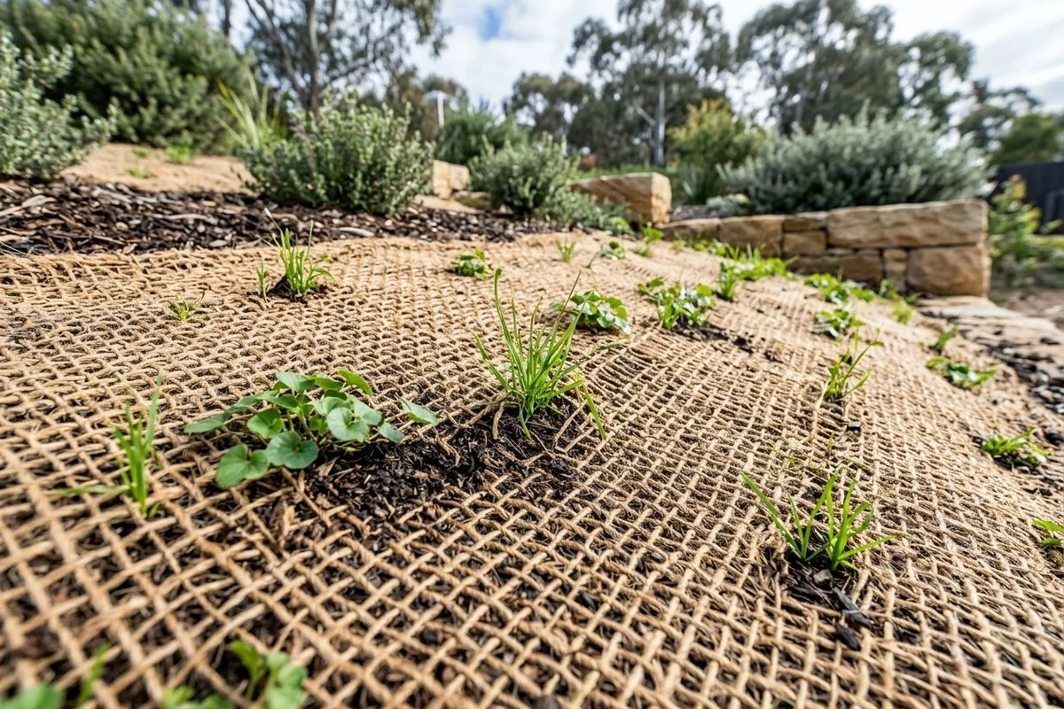 Jute erosion mat with native seedlings