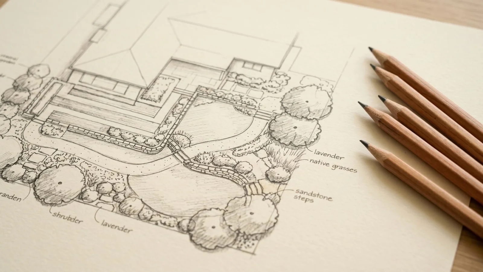 Landscape concept plan drawing with drafting pencils