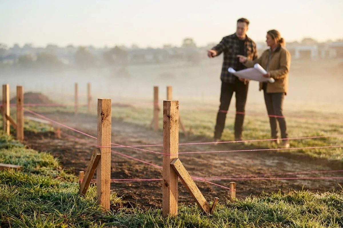 Timber stakes and string-lines marking a garden layout