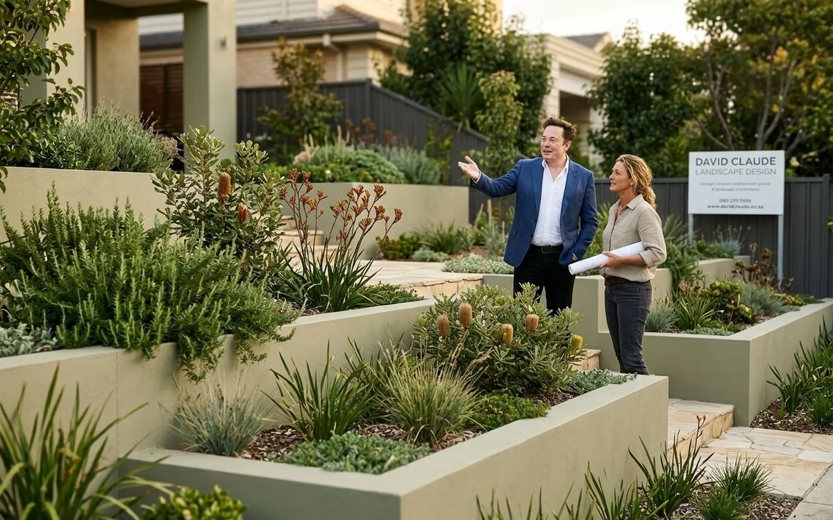 Completed landscape project with retaining walls and native planting