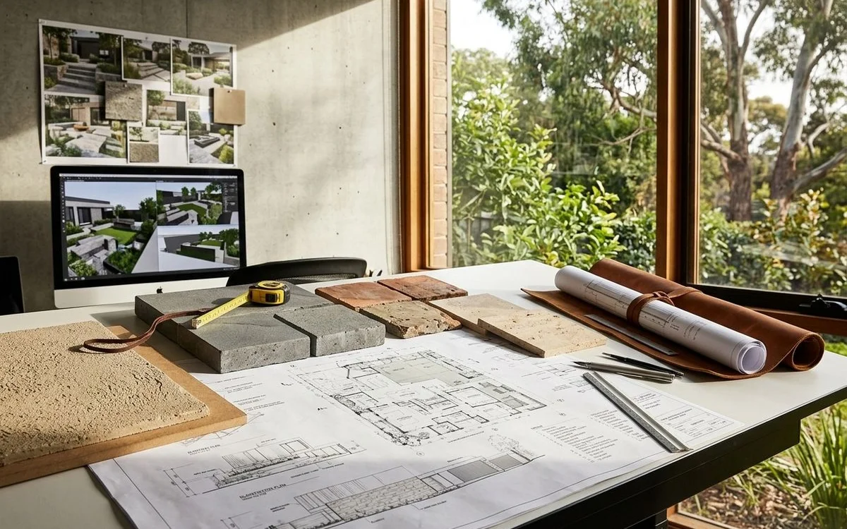 Studio workspace with drawings and material samples