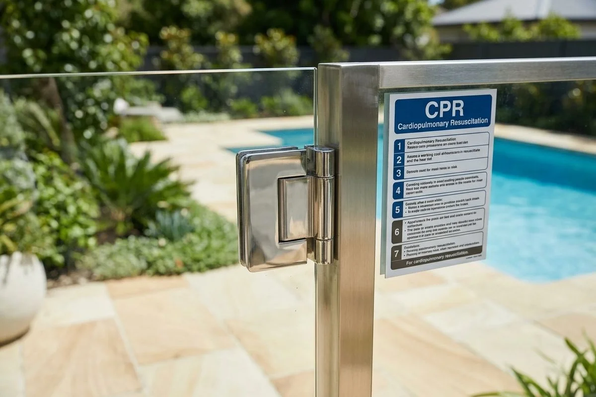 Self-closing gate and CPR sign