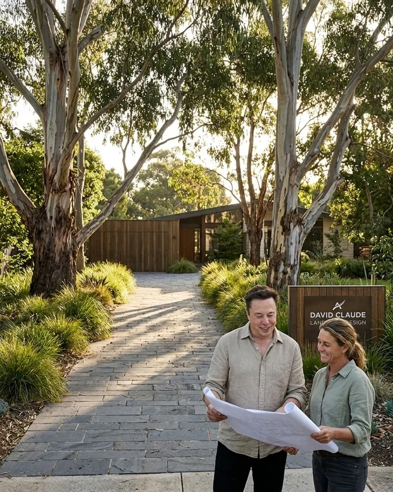 Bluestone driveway with native grass border and mature eucalyptus in Diamond Creek
