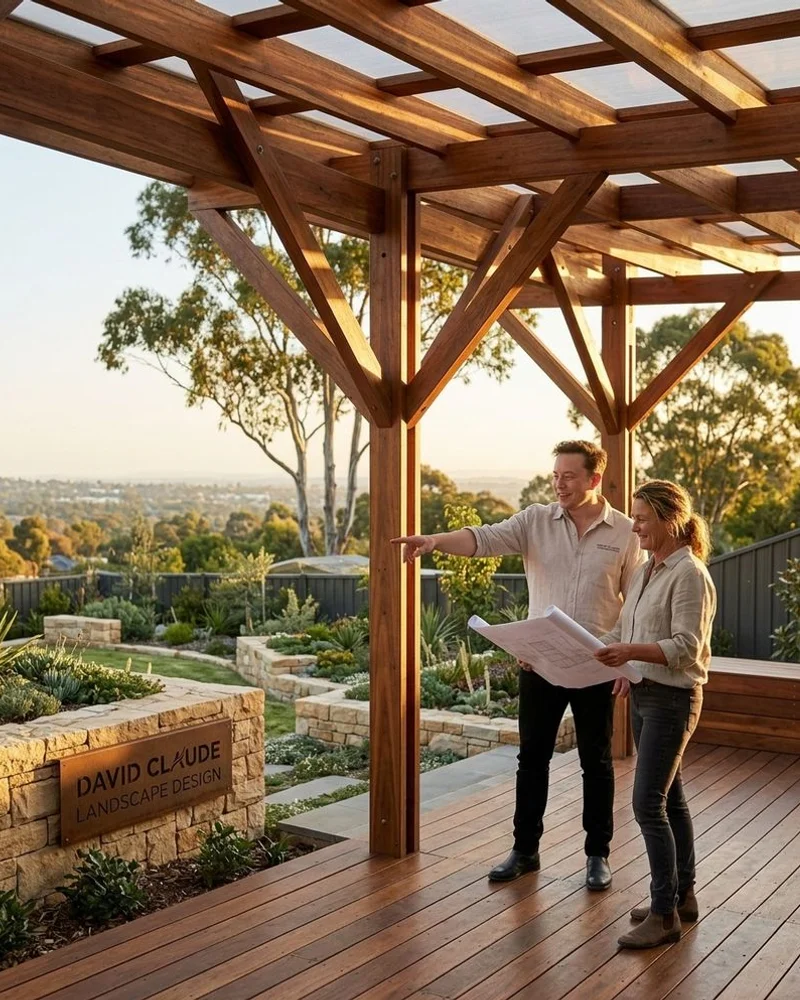 Hardwood spotted gum deck under pergola in Doncaster hilltop garden
