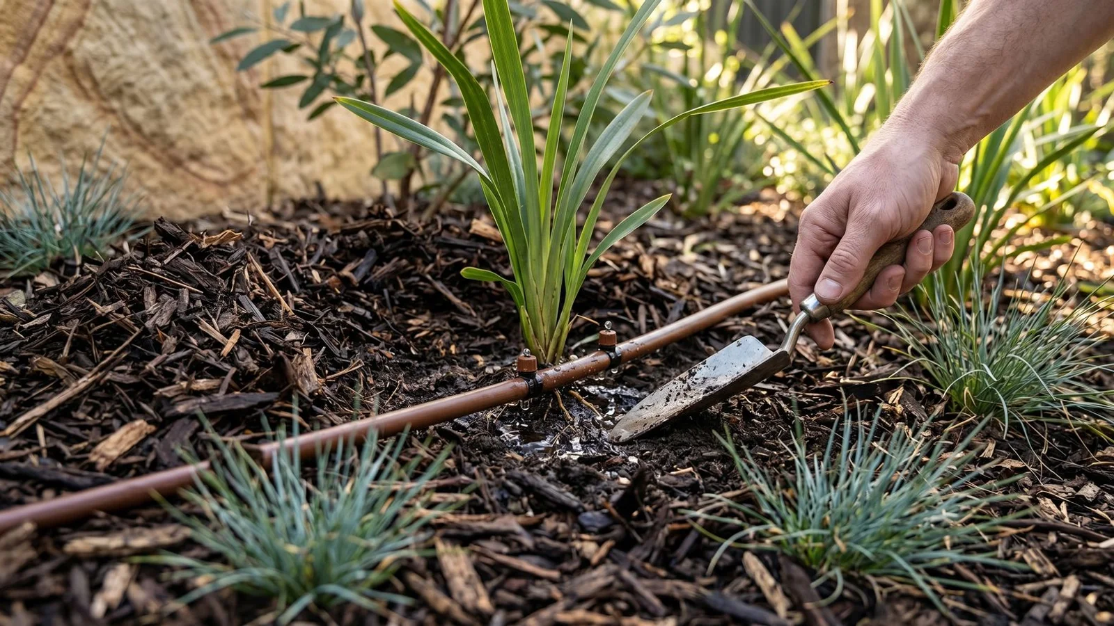 Drip irrigation emitters close to root zone under mulch