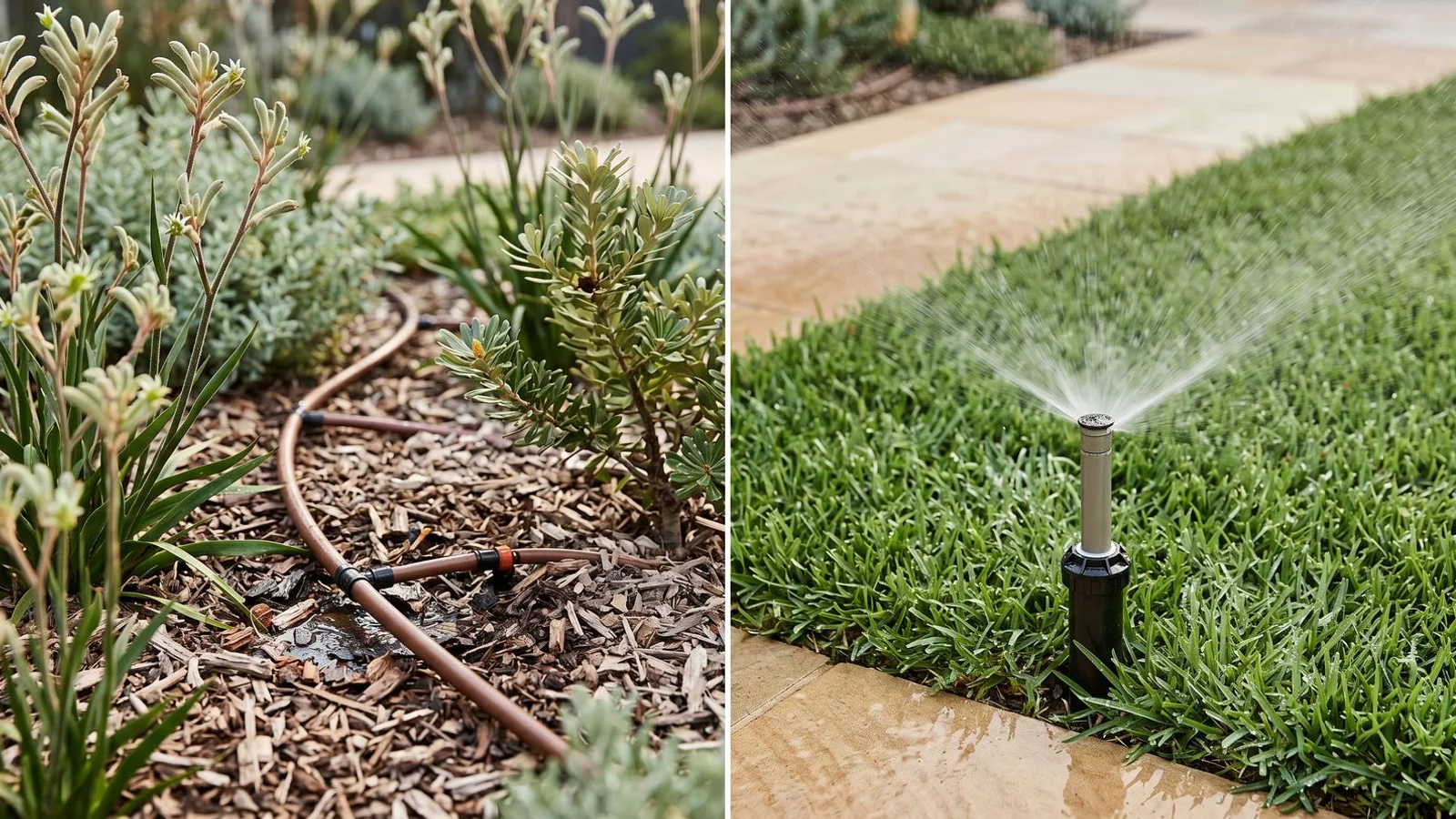 Drip and sprinkler systems compared in a garden