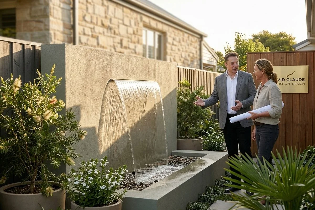 Water wall in courtyard