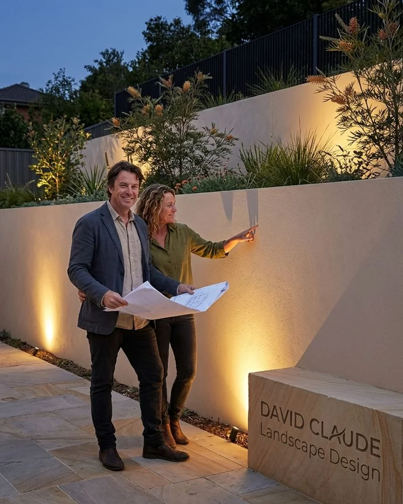 Rendered masonry retaining wall with integrated low-voltage lighting in Eltham