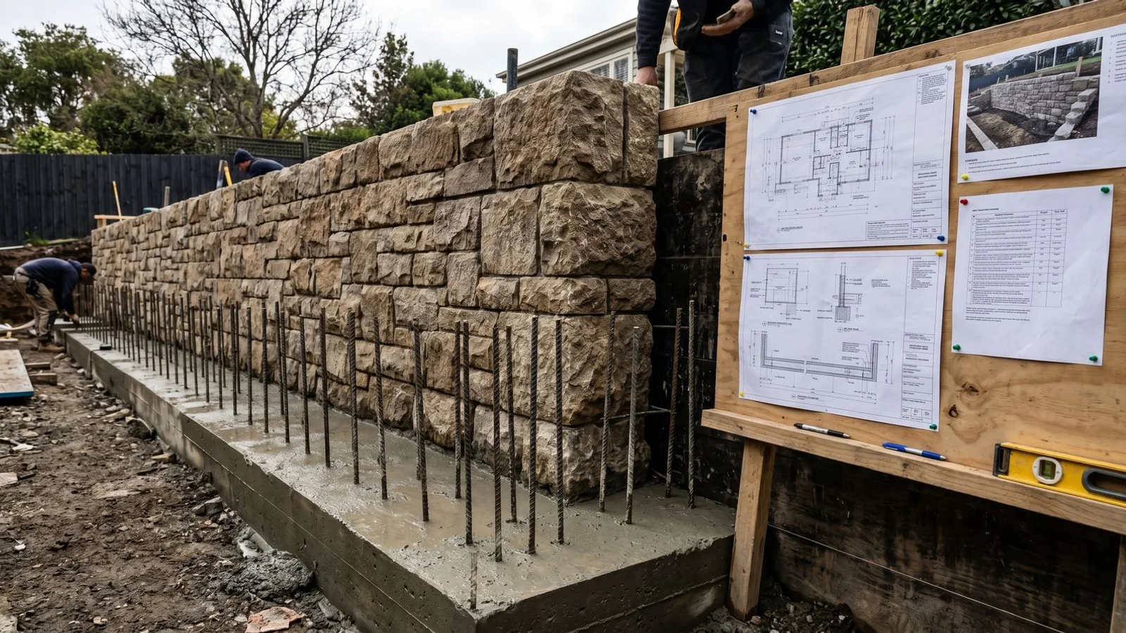 Engineered retaining wall under construction