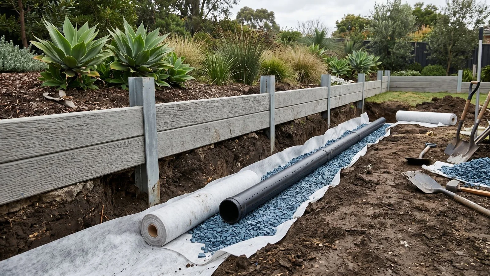Ag-line drainage being laid behind concrete sleeper retaining wall
