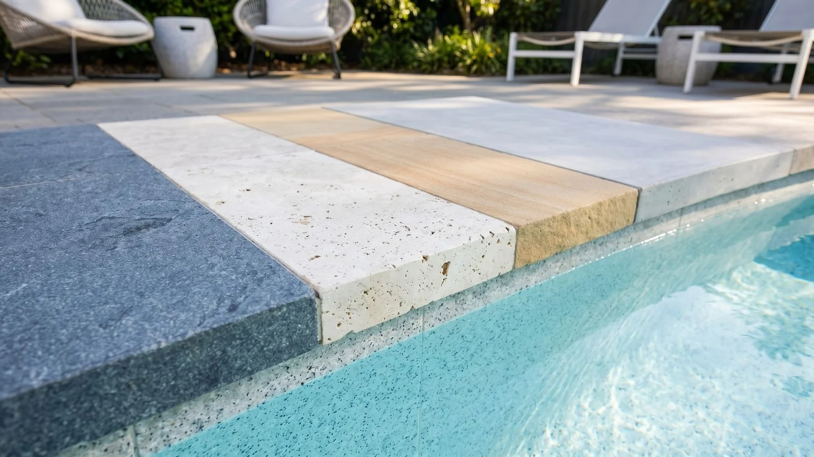 Four coping materials compared around a pool edge
