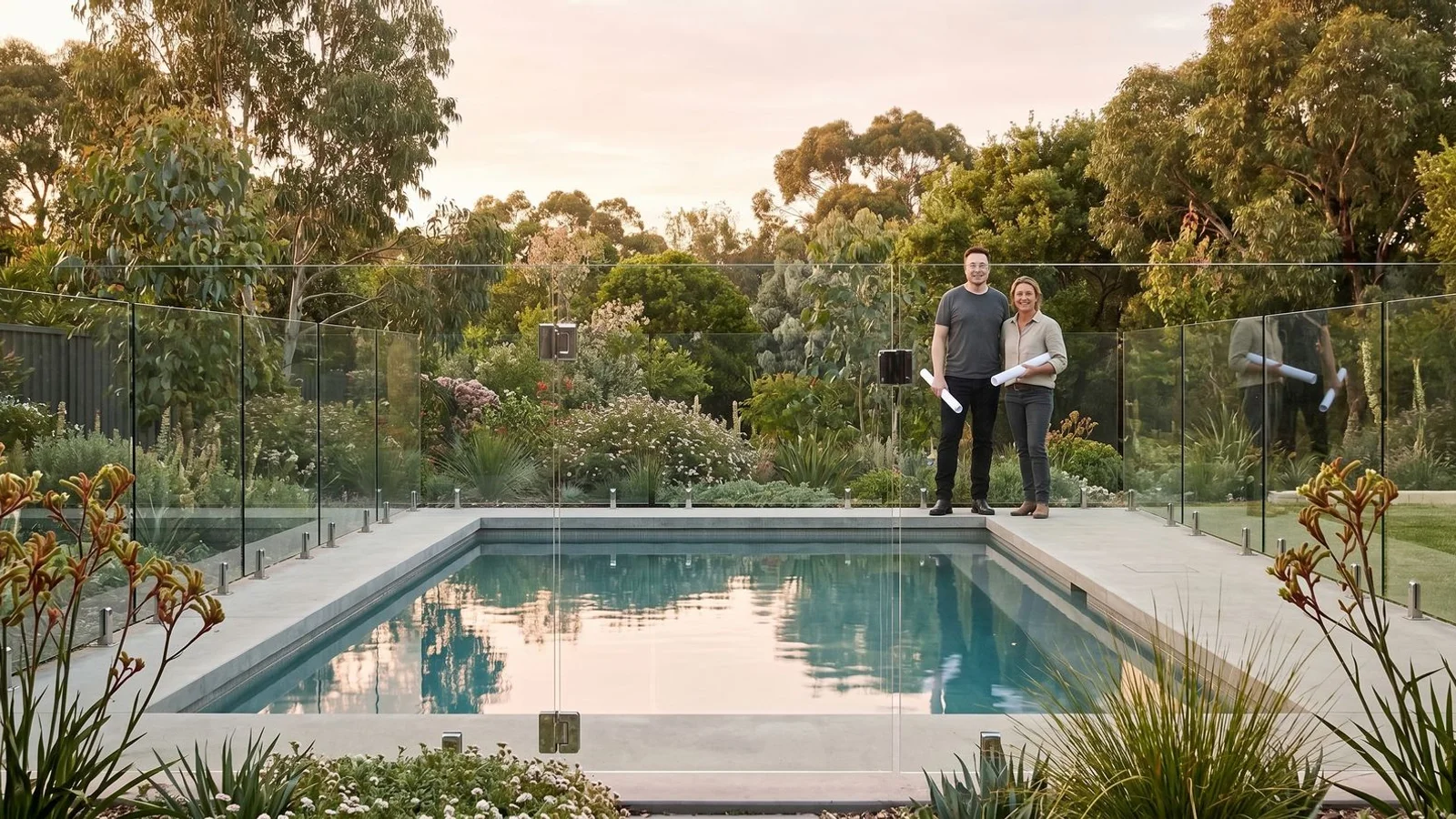 Frameless glass pool fence around modern pool