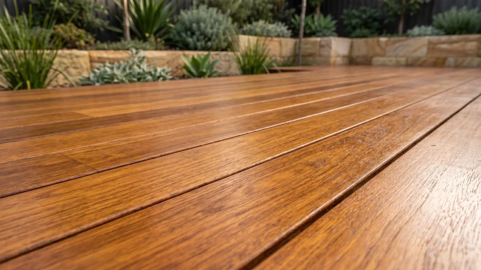 Fresh-oiled spotted gum deck in morning light