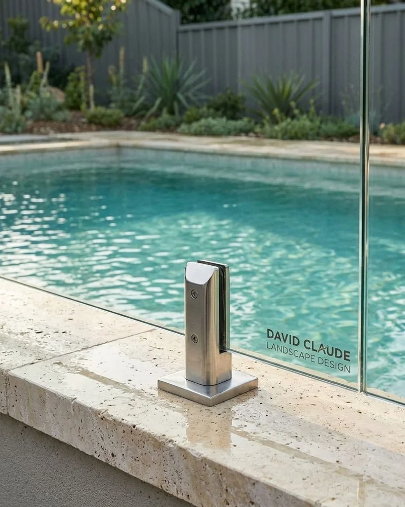 Glass pool fence detail on travertine coping at modern Ivanhoe East pool