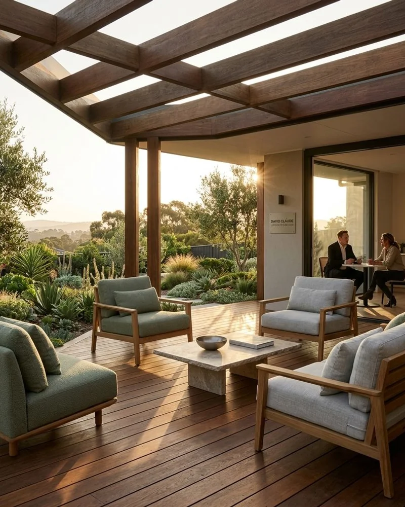 Hardwood spotted gum deck under pergola in Doncaster hilltop outdoor room