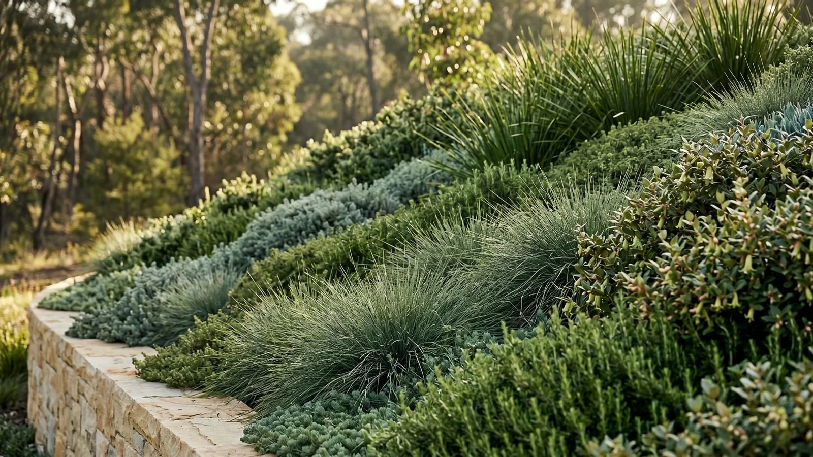 Hillside garden with dense low groundcover stabilising the slope