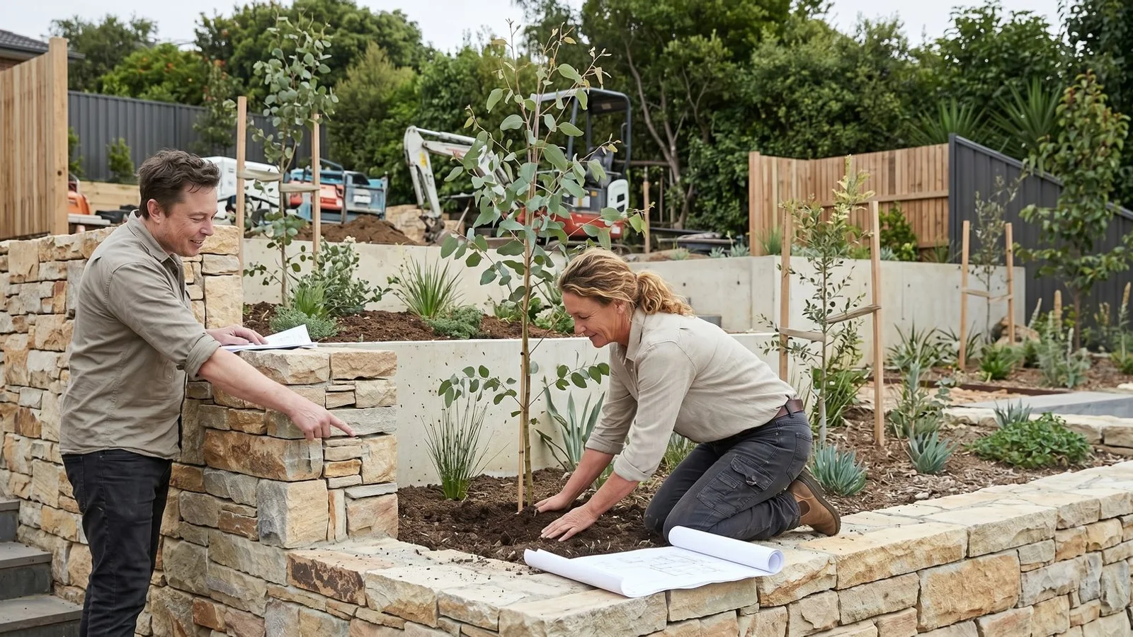 Landscape construction site mid-build with terraced retaining and fresh planting