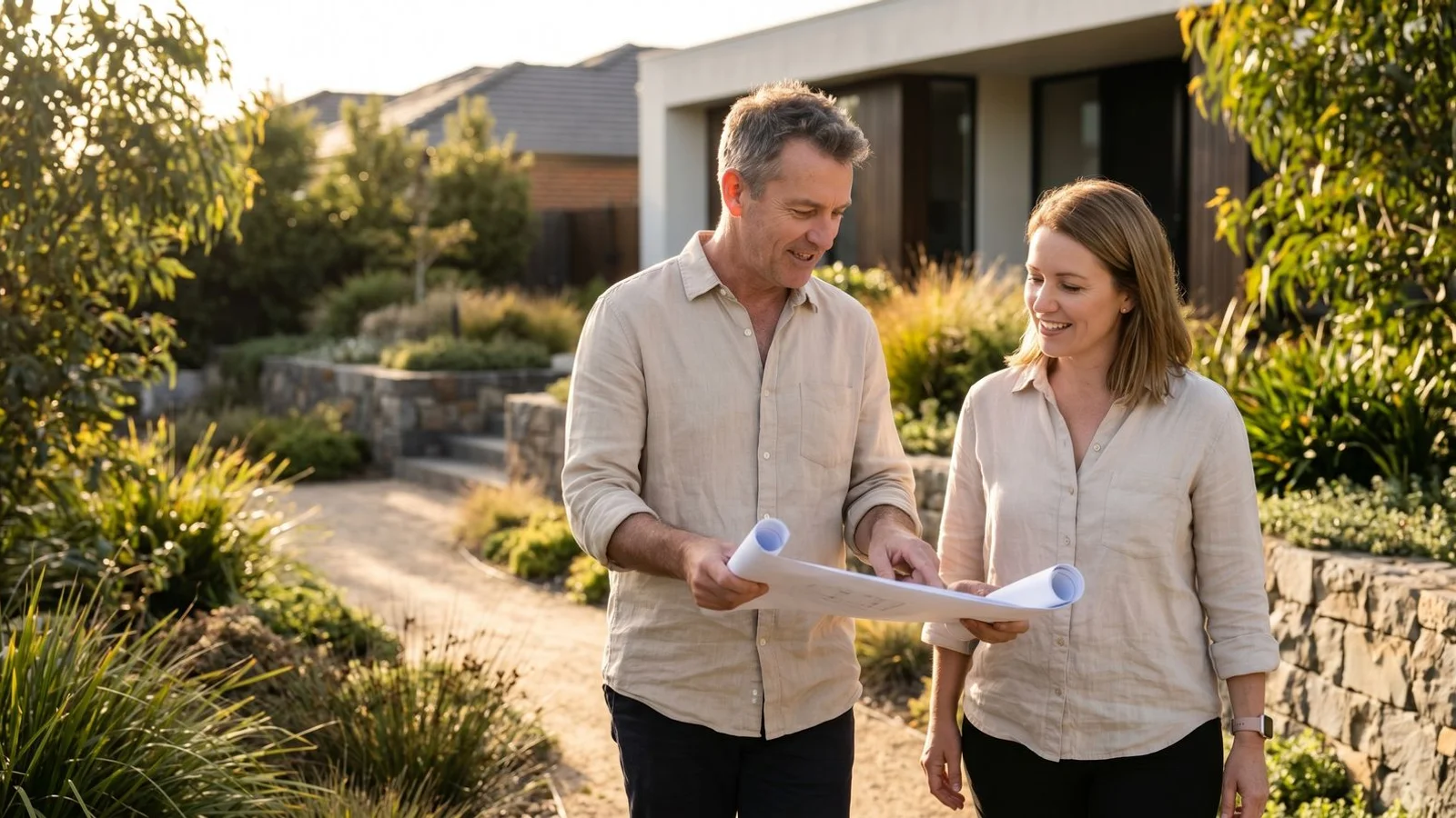Designer and client walking a site reviewing plans