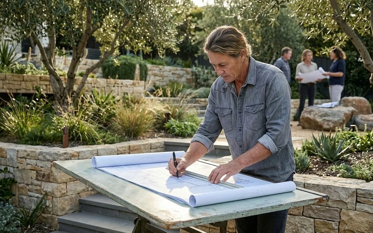 Landscape architect David Claude drawing construction plans on a terraced Melbourne site