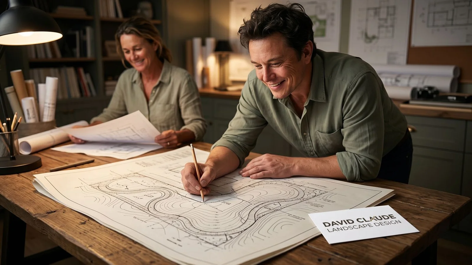 Designer reviewing site plans over a contour survey