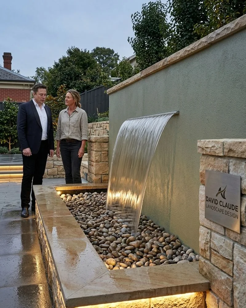 Linear water feature wall with pebble bed in Heidelberg heritage garden renovation