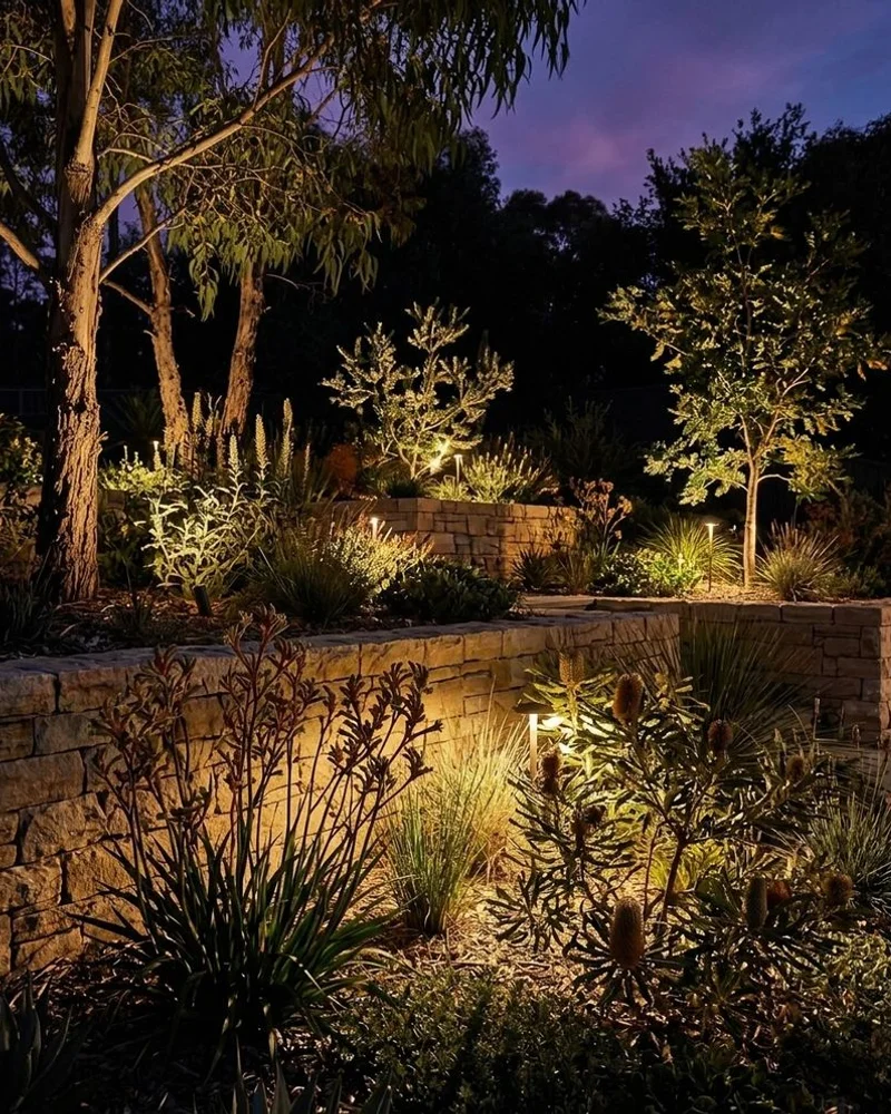 Night shot of low-voltage garden lighting through native palette in Warrandyte