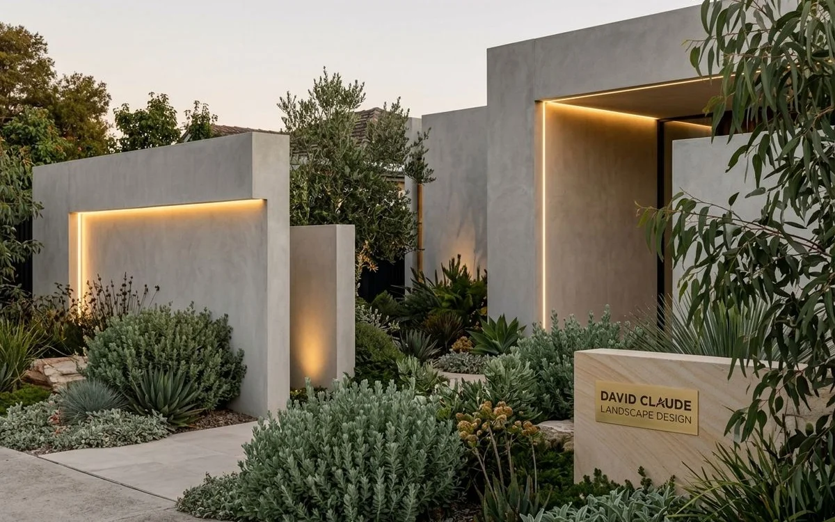 Native garden design with sage planting and concrete retaining walls in Melbourne's north-east