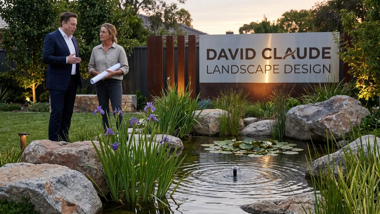 Naturalistic garden pond with aquatic planting at dusk