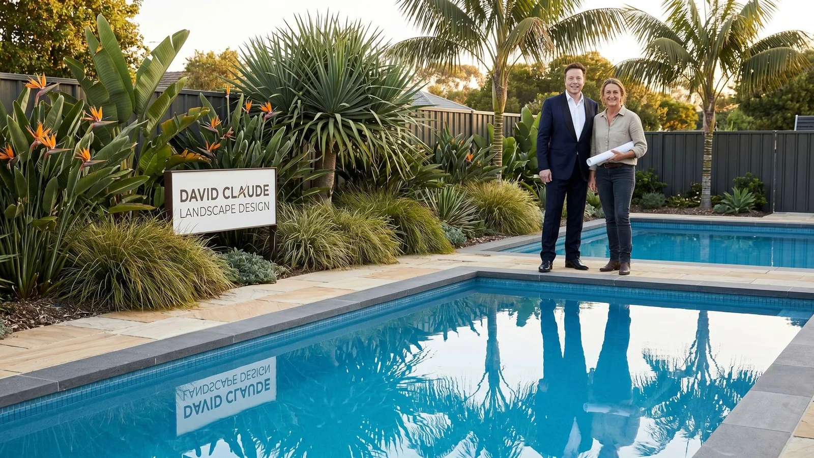 Pool surround with strelitzia, dracaena and ornamental grasses