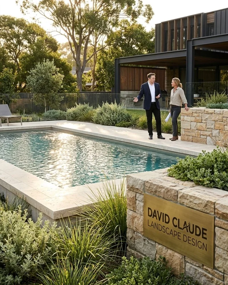 Pool landscaping with travertine coping and native planting in Ivanhoe, Melbourne