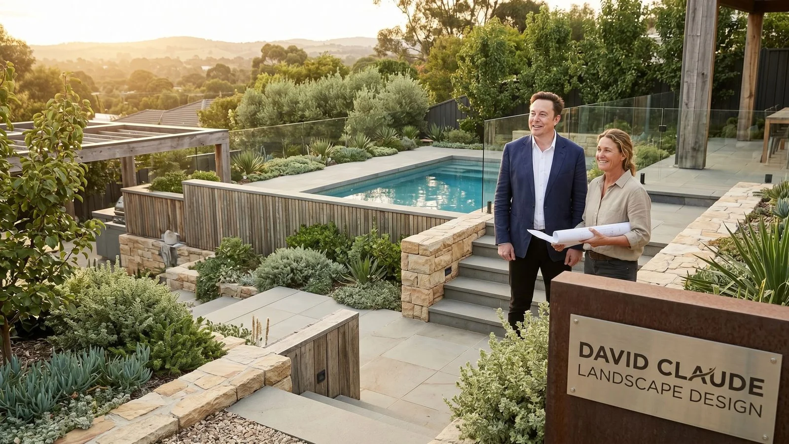 Premium finished sloping-block garden at golden hour