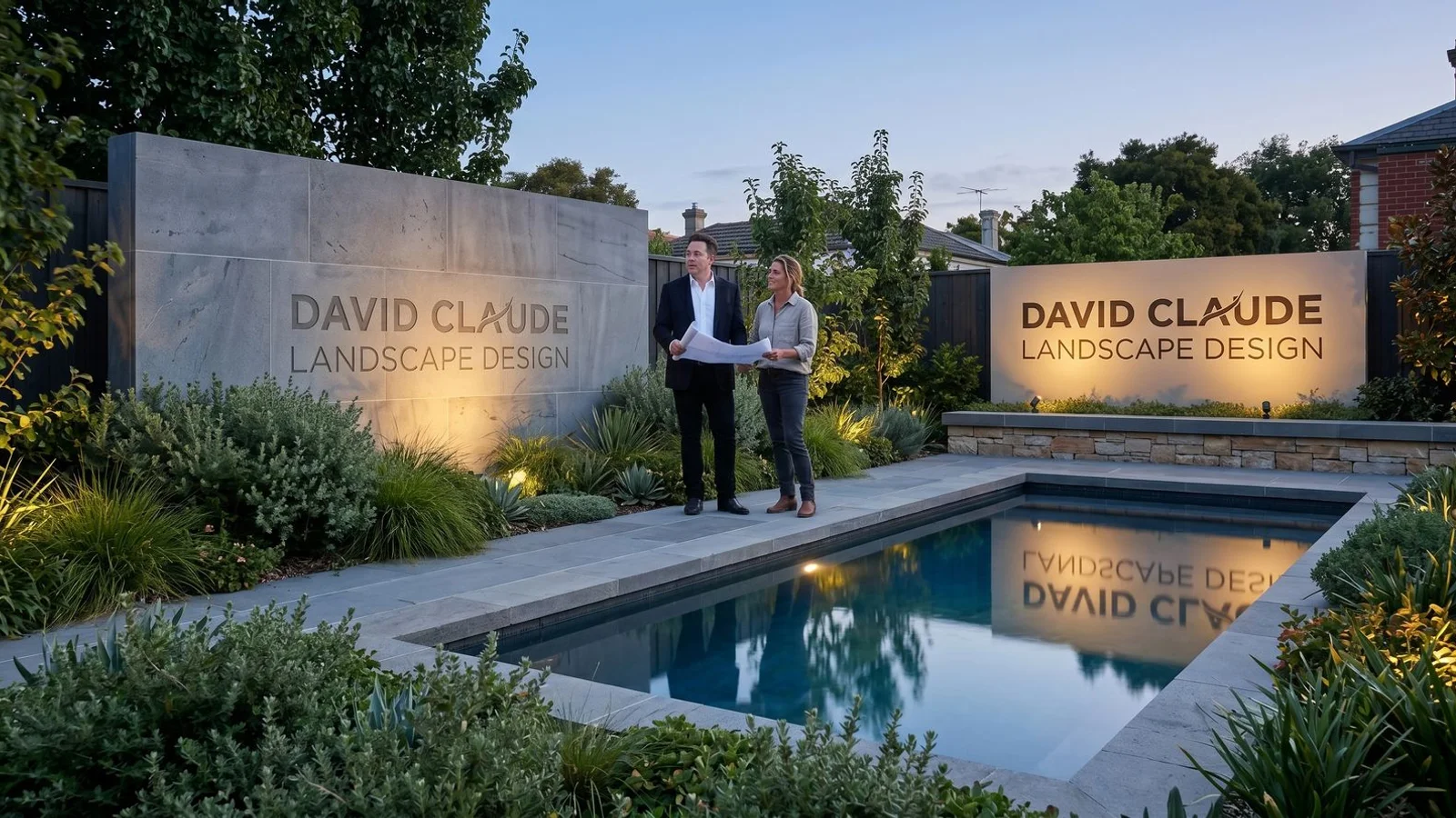 Premium Victorian garden with bluestone paving and pool at twilight