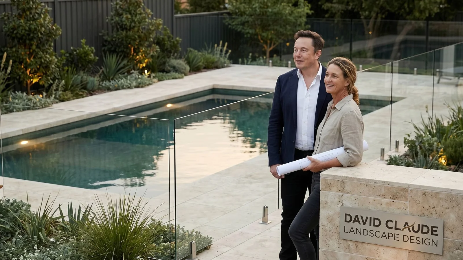 Premium pool surround with travertine and glass fencing at dusk