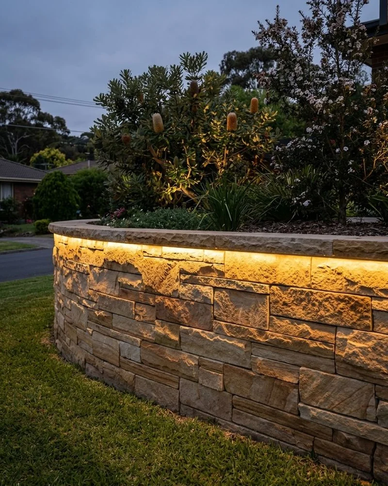 Rendered masonry retaining wall with integrated lighting at dusk in Eltham