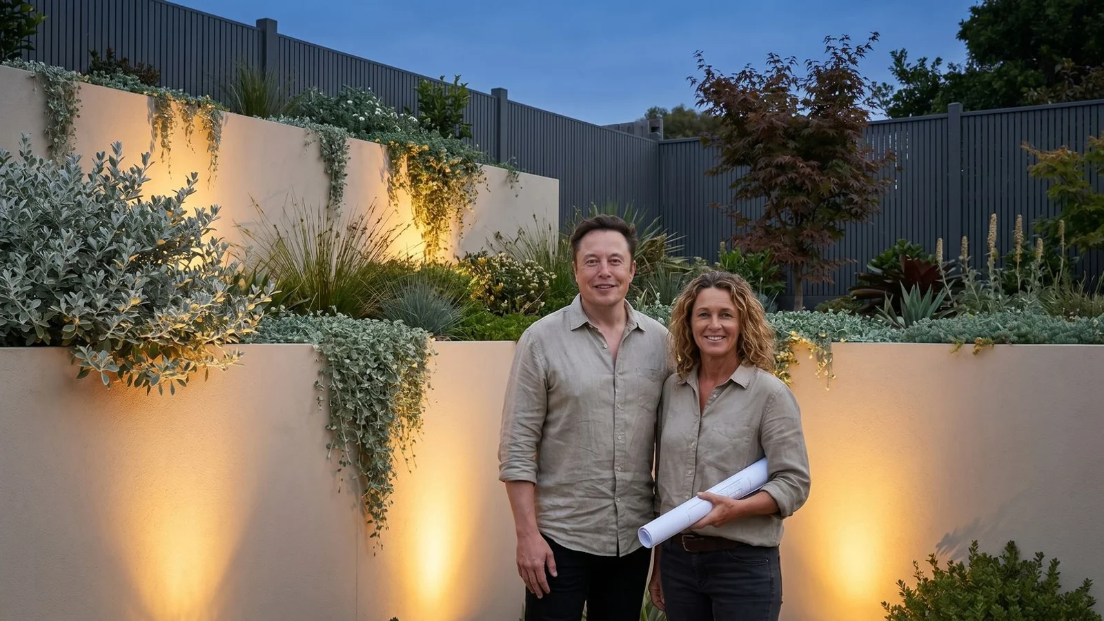 Rendered masonry retaining with integrated uplighting at dusk