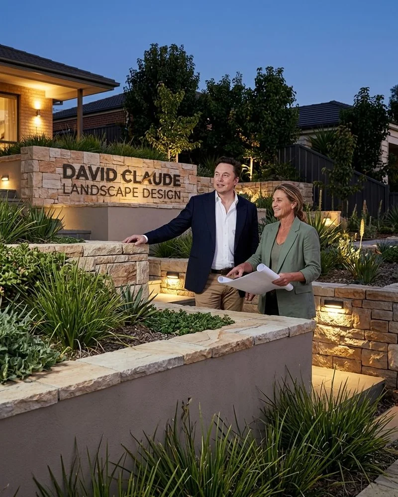 Terraced steep-block garden in Research with rendered retaining walls at dusk