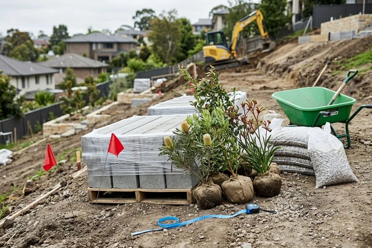 Materials staged for sloping block build