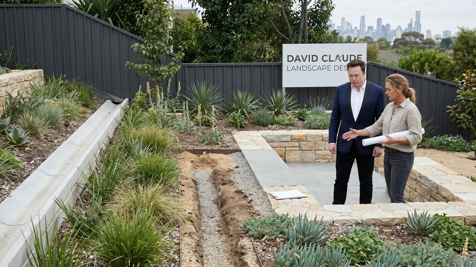 Sloping garden with catch drain and ag-line system