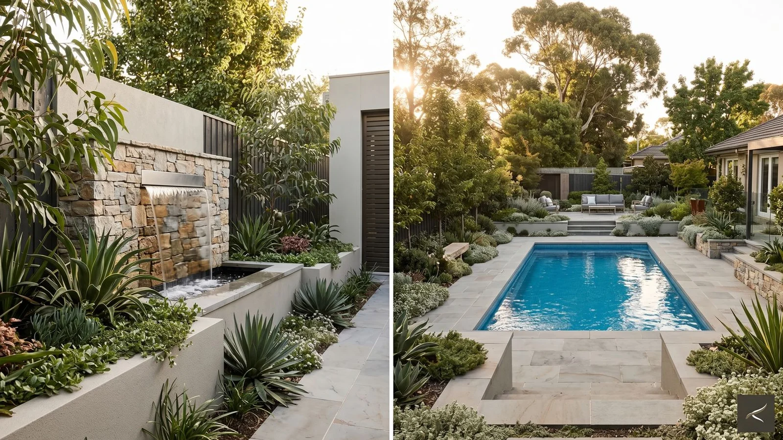 Water wall feature and swimming pool compared