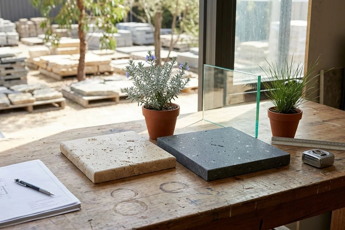 Staged pool surround materials