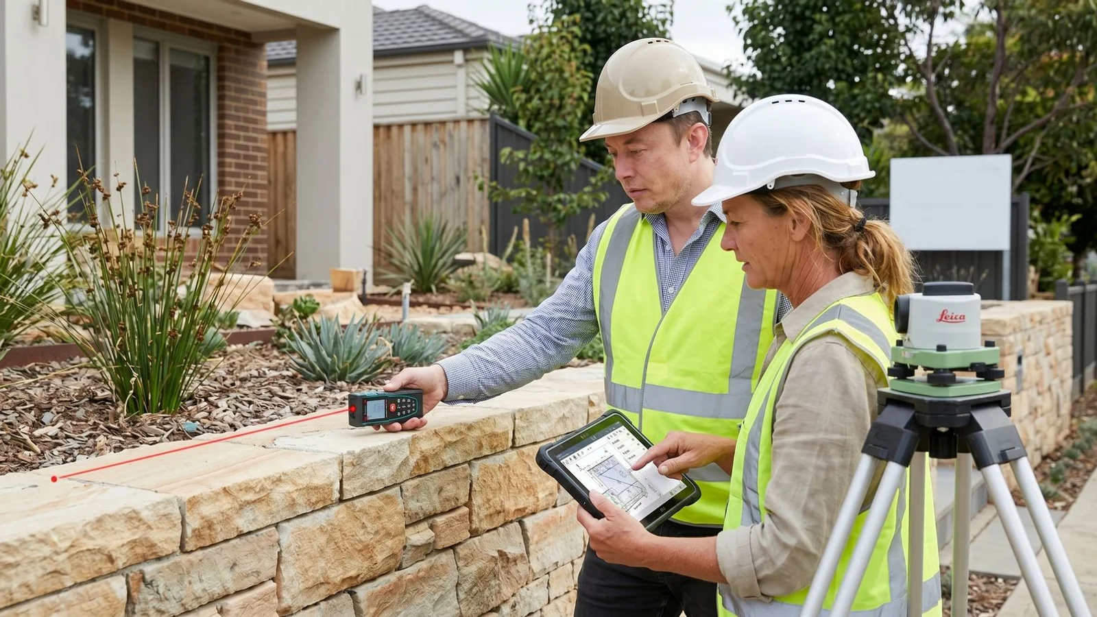 Surveyor measuring retaining wall height