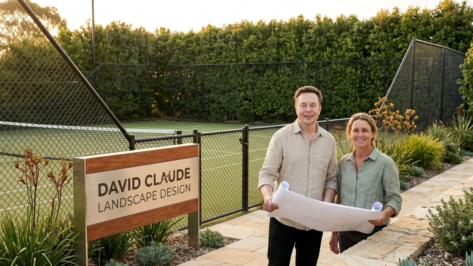 Tennis court with black fencing and Syzygium screening