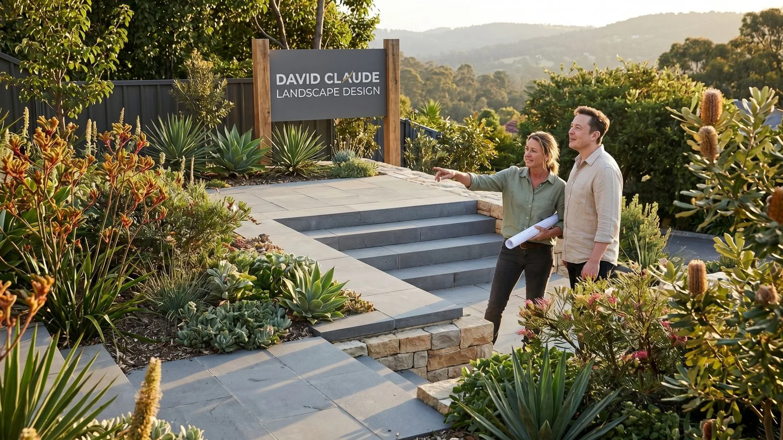 Terraced hillside garden with bluestone steps and native planting