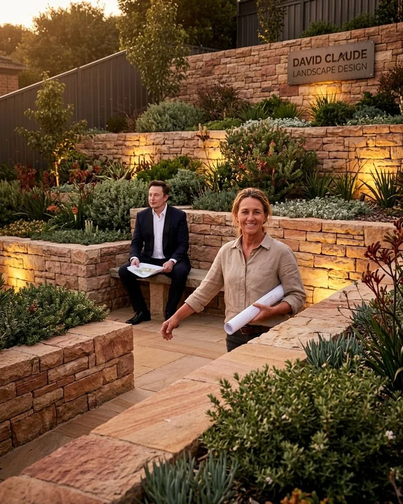 Terraced steep-block garden in Research with rendered masonry retaining walls at dusk