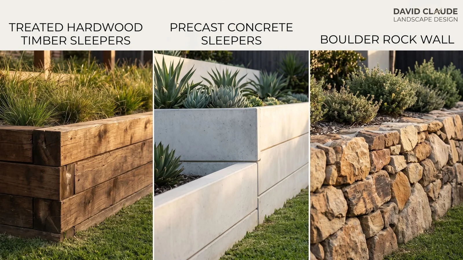 Three retaining wall materials side by side