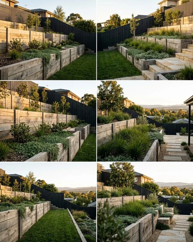 Timber sleeper retaining terracing stepping down a steep Lower Plenty block