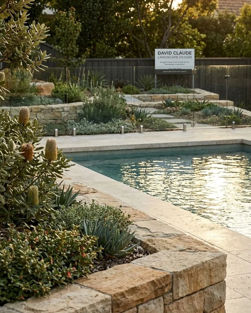 Travertine pool coping and sage native planting in inner-east Ivanhoe garden