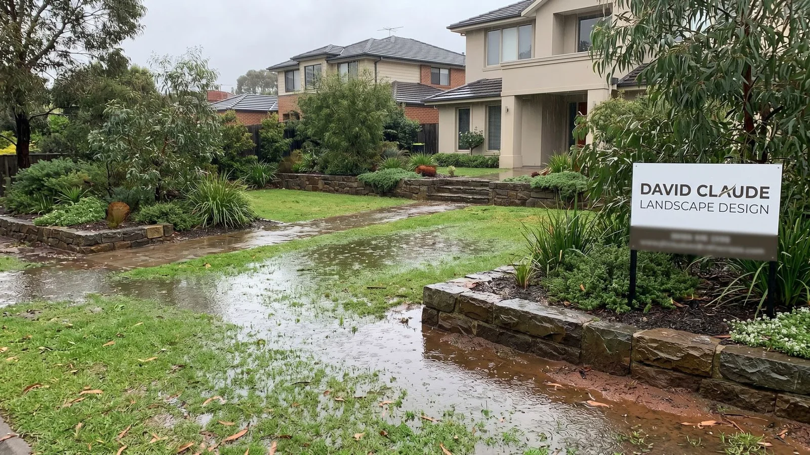 Waterlogged garden with standing water on lawn